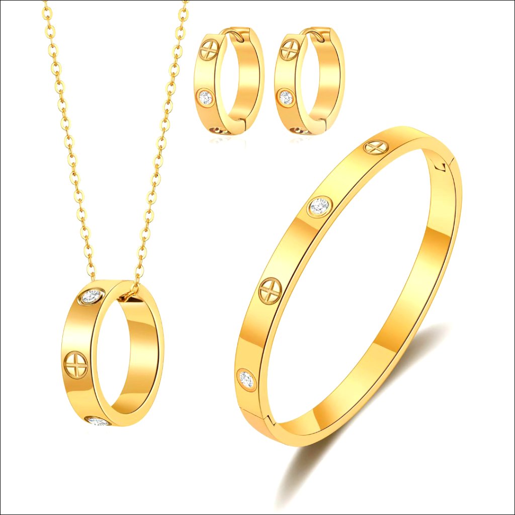 18k Gold Plated Stainless Steel Love Bracelet Earring Necklace Set